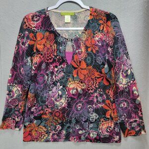 Sigrid Olsen Sweater Womens M Vneck Floral Pullover 60s Flower Hippie Colorful‎